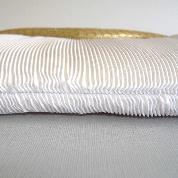 Gold Beaded Purse Evening Bag Clutch White Pleated Rayon Handbag Shoulder Strap - Picture 6 of 7